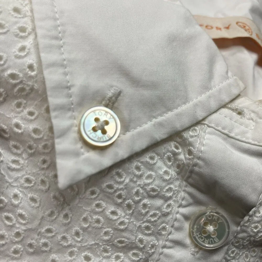 Tory Burch Shirt Dress Womens 12 White Cotton Eyelet Lace Bell Sleeve Vacation
